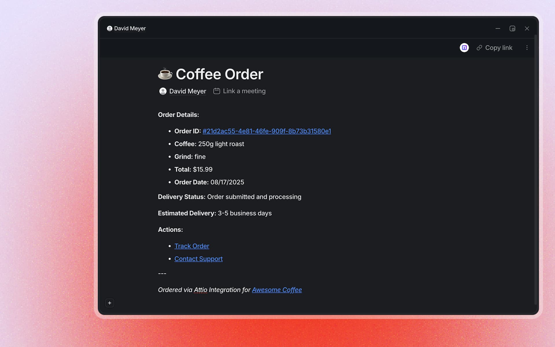 Personal note field in the coffee order form